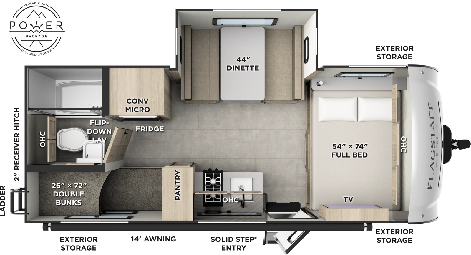 The Flagstaff E-Pro E20BH floorplan has one entry and one slide out. Exterior features include: fiberglass exterior and 14' awning. Interiors features include: bunk beds and front bedroom.